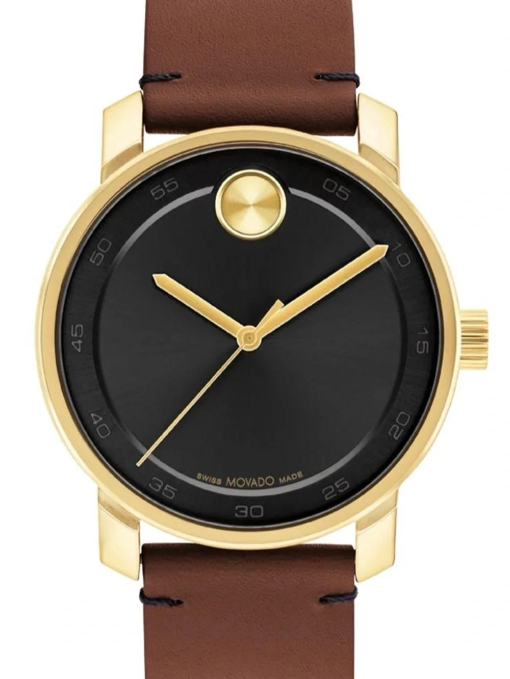 Movado bold Gold-Tone Case Black Dial Brown Leather Strap mens Watch